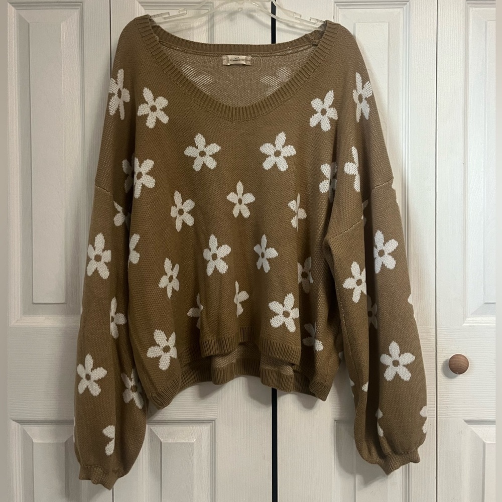 Altar'd State Brown Sweater with White Floral Pattern
